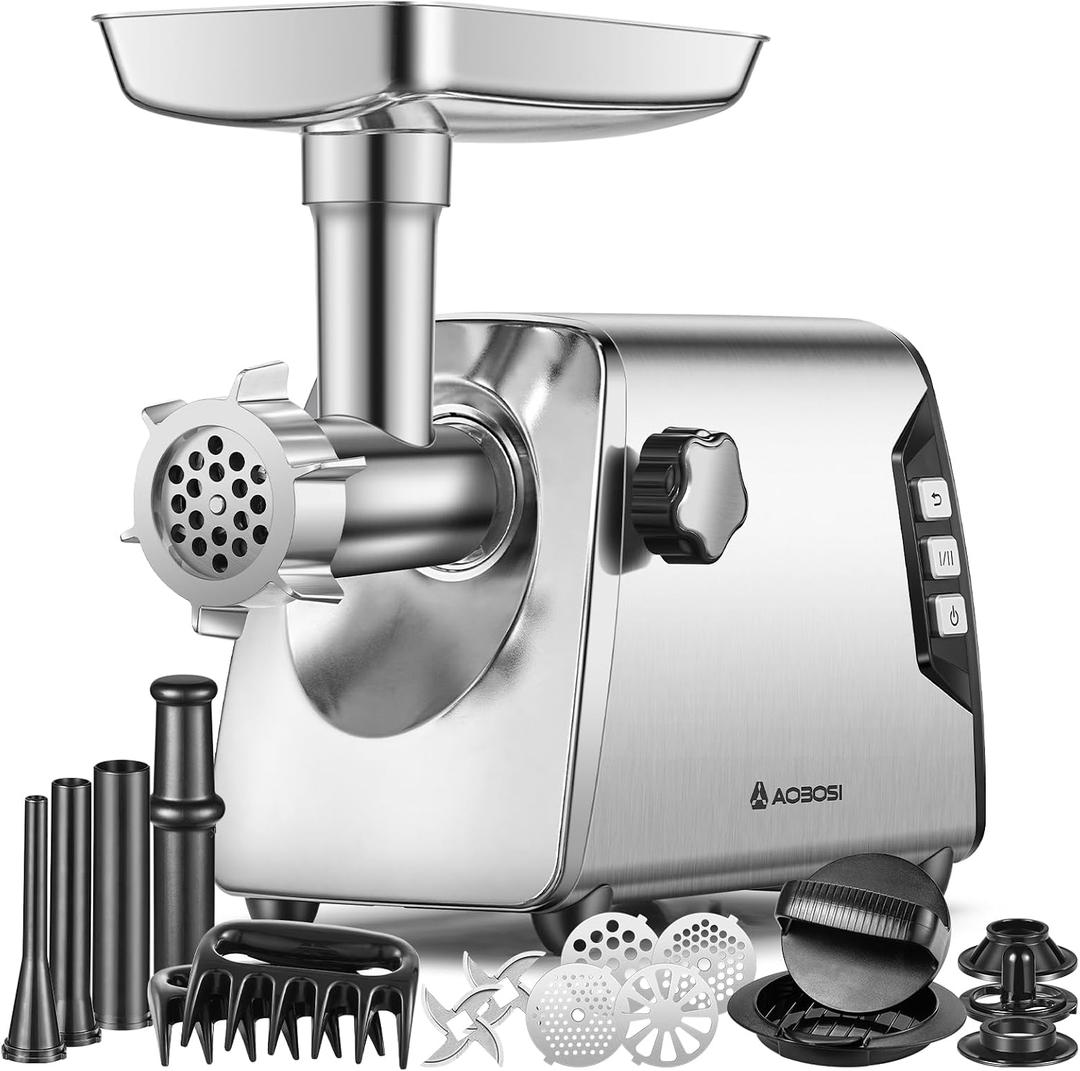 AAOBOSI #12 Meat Grinder, [3000W] 3 Speed Meat Grinder Heavy Duty: Built-in Storage Box, 2 Blades,4 Plates,3 Sausage Stuffers,Kibbe Kit,Meat Claw & Burger Press, for Home & Kitchen Use