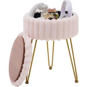 Wimarsbon Vanity Stool with Storage, Faux Fur Ottoman Chair with Metal Legs, Round Makeup Vanity Chair for Bedroom or Dressing Table, Modern Small Ottoman Seat (Champagne-1)