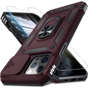 Janmitta Case for iPhone 11 Pro Phone Cover Built in Slide Camera Lens Cover+Screen Protector,Heavy Duty Shockproof Full Body PhoneCase with Finger Ring Holder Kickstand,Wine Red
