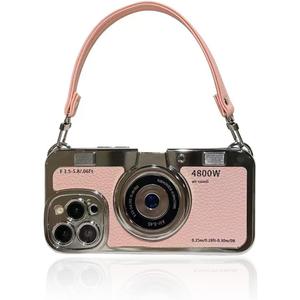 3D Vintage Camera Phone Case with Hand Strap - Unique Cool Silicone PC Shockproof Crossbody Protective Case for iPhone 13 Pro-Pink