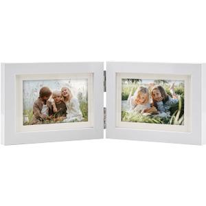Hinged Double 4x6 Picture Frame, Real Glass, for Tabletop Display or Wall Mounted, Fits 3x5 Photos with Mat, Matte White, For Family Photos & Wedding Memories-B64X2