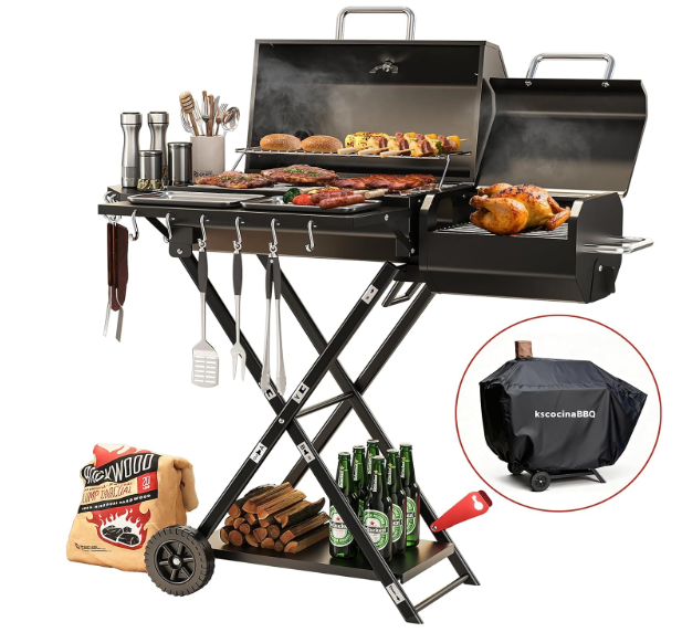 kscocinaBBQ Portable Charcoal Grill with Smoking Function, Foldable Suitcase Design with Wheels, Multi-Tier Storage Rack & Waterproof Cover for Outdoor BBQ Parties (Black)