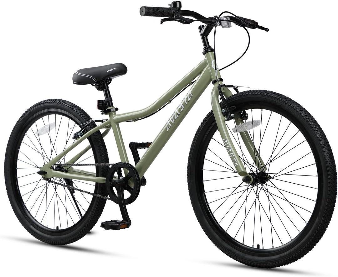 Bilbo 24 Inch Kids Bike for Boys Girls Youth 5-14 Years Old | Retro Style High Carbon Steel Durable Frame, Adjustable Handlebars and Seat, Dual V-Brakes, Single Speed, Kickstand, Army Green