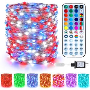 BrizLabs July 4th Fairy Lights, 66ft 200 LED Color Changing Fairy Lights with Remote, Plugin Red White Blue Twinkle Light RGB Rainbow Starry Xmas Light Music Sync for Xmas Halloween Home Party Wedding