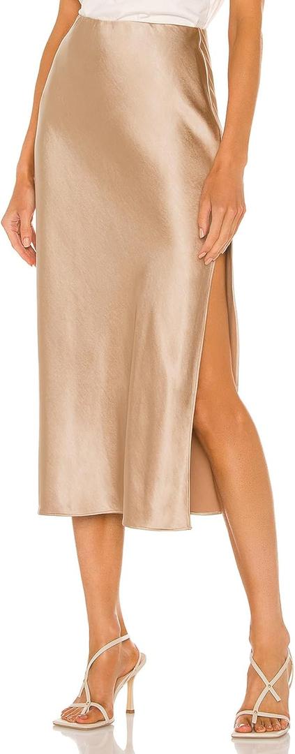 Womens Satin Silk High Waist Slit Midi Skirt Elastic Waistband Midi Skirts for Women (Medium, Champagne)