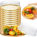 Nitial 12 Pcs Heavy Duty Serving Tray with Clear Lid, Round Elegant Gold Catering Trays Disposable Large Plastic Platters for Fruit Cake Sandwich Food Picnic Party Supplies (12 Inches)