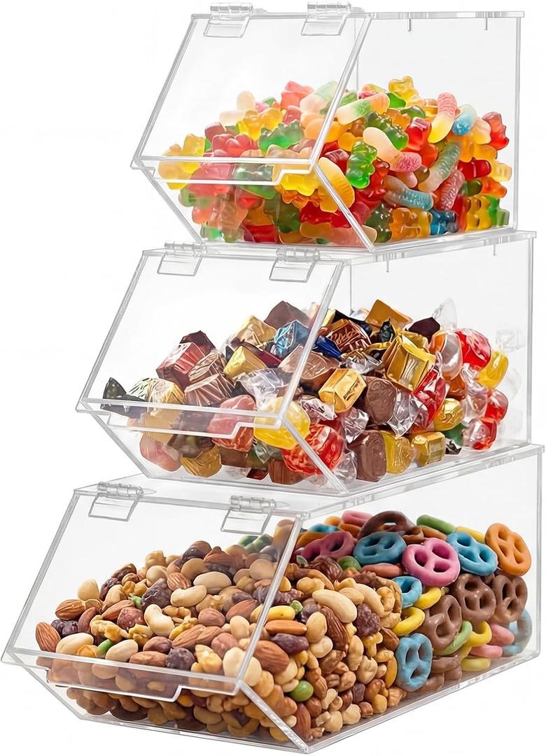 Set of 3 Stackable Candy Bins with Hinged Lid Small Medium Large Clear Acrylic Storage Bins Stackable Pantry Storage Caddys for Cereal Nuts Candies Snack Ice Cream Toppings and Wrapped Snacks, Small clear storage bin: 9.8 x 5 x 4.4 inches