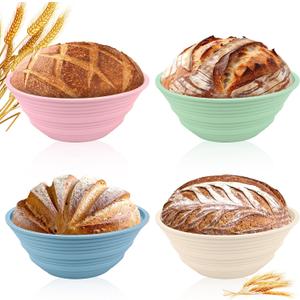 4Pcs Silicone Banneton Bread Proofing Baskets, 9" Round Foldable Non-Stick Dough Proofing Bowl Containers-BPA Free, Optimum Sourdough Bread Baking Supplies