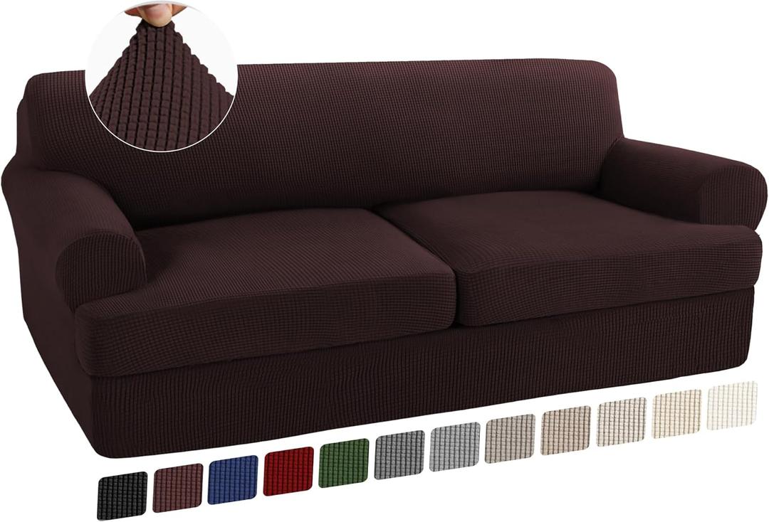 Turquoize 3 Piece T Cushion Sofa Slipcovers Stretch Couch Cover Furniture Covers with 2 Individual T Cushion Covers, Machine Washable (2 Cushion Sofa, Brown) (Sofa (2 Cushion))