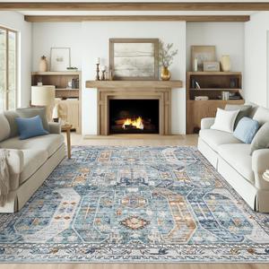 Washable Rug 8x10 Area Rugs for Living Room - Stain Resistant Non-Slip Backing Rugs for Bedroom - Vintage Large Area Rug (Blue/Gold, 8'x10')
