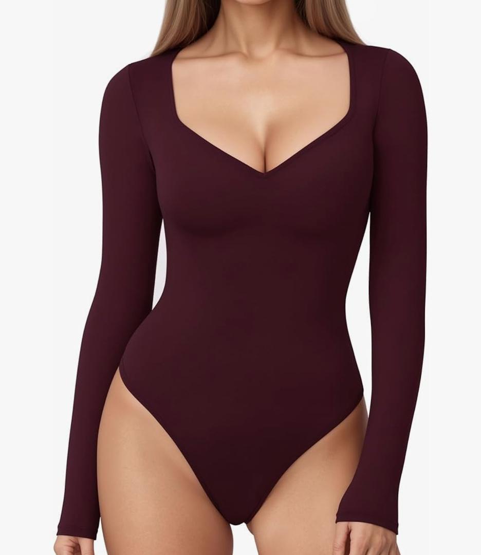 MANGOPOP Sweetheart V Neck Bodysuits for Women Long Short Sleeve Body Suits Tops Shirt. S