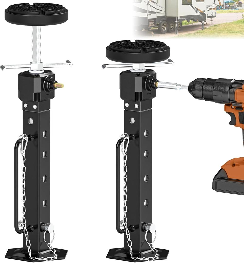 Adjustable Camper Slide Out Support Jacks from 13.8"-26.8", 2 PCS RV Trailer Stabilizer Jacks with Rubber Pad for RV Patio, Aluminum Gear Box (Electric Drill Adjust),Supports Up to 5,000 lbs