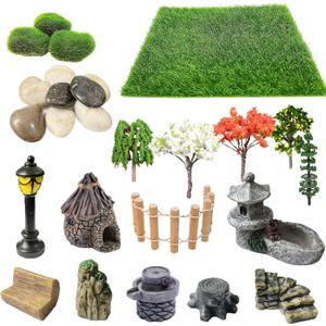 Cayway 26 PCS Outdoor Fairy Garden Miniatures Mini Zen Garden Accessories, Artificial Grass, Model Trees, Terrarium Ornaments, Dollhouse Supplies, Bonsai Decorative Craft Tools Kit