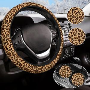 Leopard Steering Wheel Cover Anti-Slip and Practical 14.5-15 Inch Universal Car Steering Wheel Cover with 2 Pieces Car Coasters Suitable for Men Women (One Size)