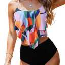 Womens High Waisted Bathing Suits Flounce Halter Tank Top Bikini Bottoms Tummy Control Modest Swimwear Two Piece Swimsuits Tankini Colorful Print M