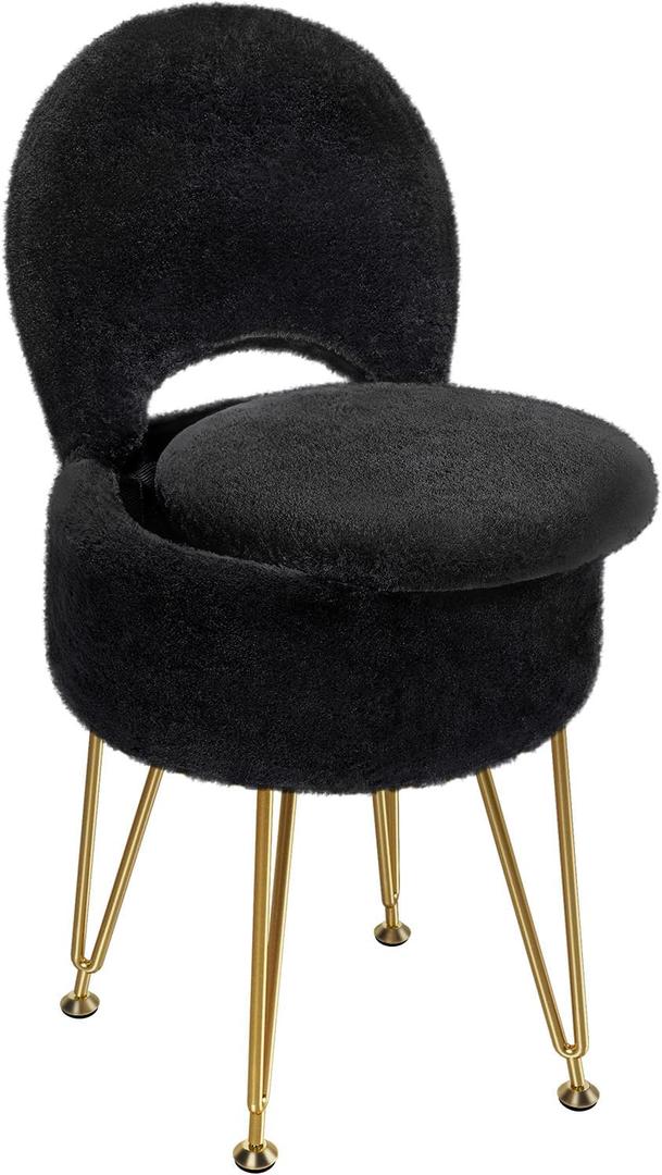 GREENSTELL Small Vanity Stool Chair with Storage and Folding Back, 13" x 13" x 17.7" Faux Fur Soft Ottoman for Teenager, 4 Metal Legs with Anti-Slip Feet, Furry Padded Seat for Makeup, Bedroom, Black