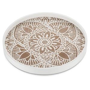 Hanobe Decorative Serving Tray Round: Farmhouse Coffee Table Decor Boho White Mandala Trays for Living Room Kitchen Bathroom Display