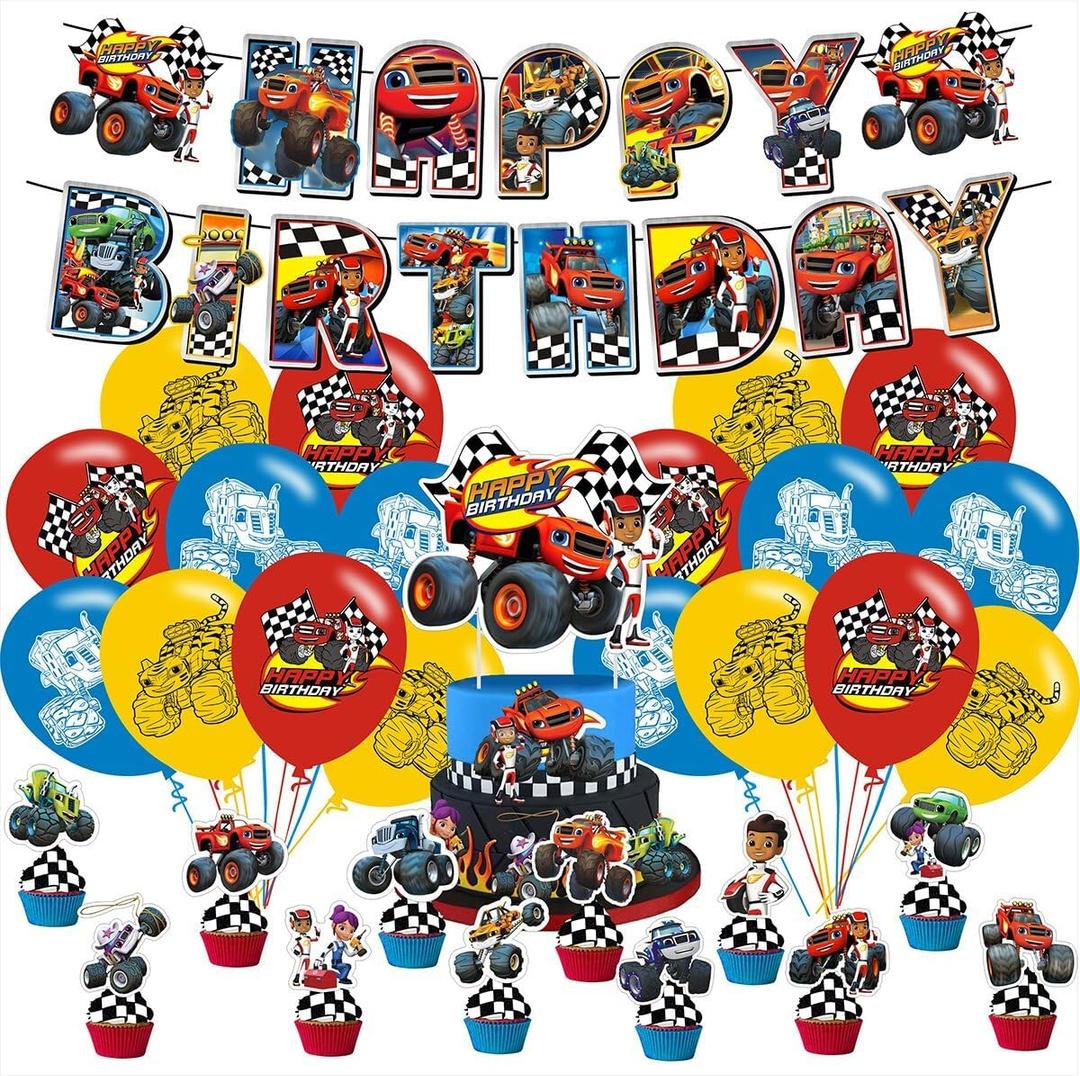 Cartoon for Blaze and The Monster Party Supplies,Birthday Decorations Set Include Banner,Balloons,Hanging Swirls,Cake Cupcake Toppers for Boys Girls Party.