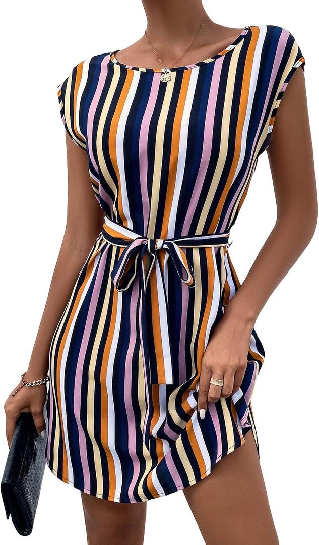 WDIRARA Women's Belted Cap Sleeve Striped Dress Casual Short Dresses (L)