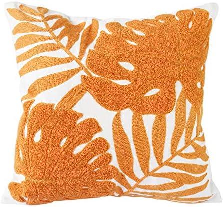 Hodeco Embroidery Throw Pillow Covers 18x18 Home Decor Floor Pillow Cover for Couch Bed Chair 100% Cotton Loop Embroidered Orange Tropical Leaves Cushion Cover Square Pillowcase 45x45cm, 1 Piece