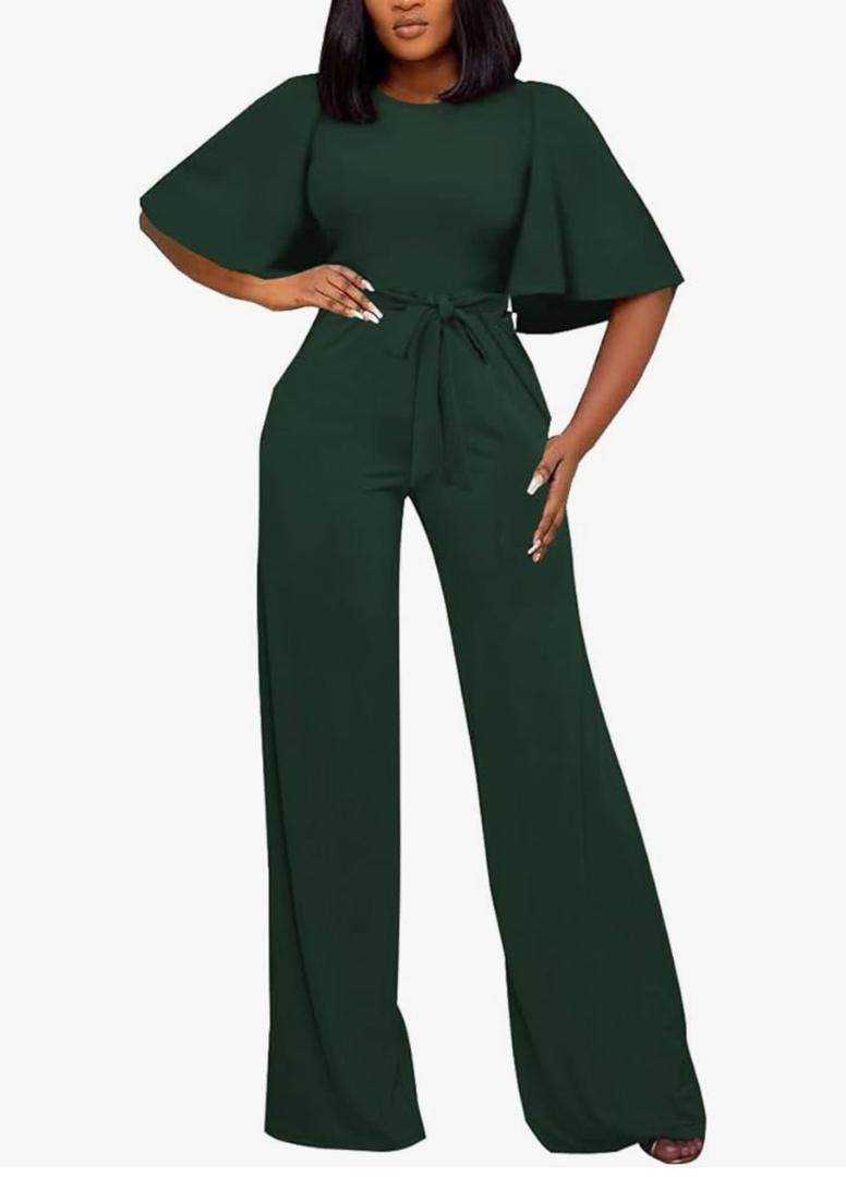 BessCops Womens Loose Short Sleeve Belted Wide Leg Pant Romper Jumpsuit Casual Business One Piece Outfits Small, Green