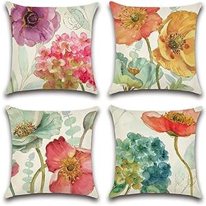 Artscope Set of 4 Waterproof Throw Pillow Covers 16x16 Inches, Hydrangea and Lotus Pattern Decorative Cushion Covers, Perfect to Outdoor Patio Garden Living Room Sofa Farmhouse Decor