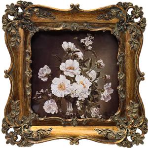 4x4 Small Vintage Picture Frame, Antique Bronze Gold Ornate Square Photo Frame, Wall Hanging or Tabletop Display, Decorative Floral Design Retro Home Decor, Photo Gallery Art