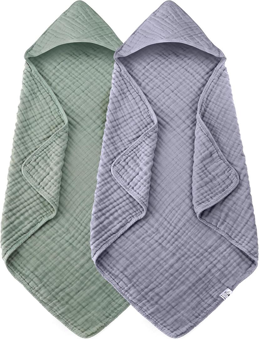 Spotted Play 2 Pack Hooded Baby Towels - 100% Muslin Cotton for Newborns, Infants, Toddlers - Large 32x32Inch Size - Highly Absorbent and Essential for Newborn Care, Green and Grey