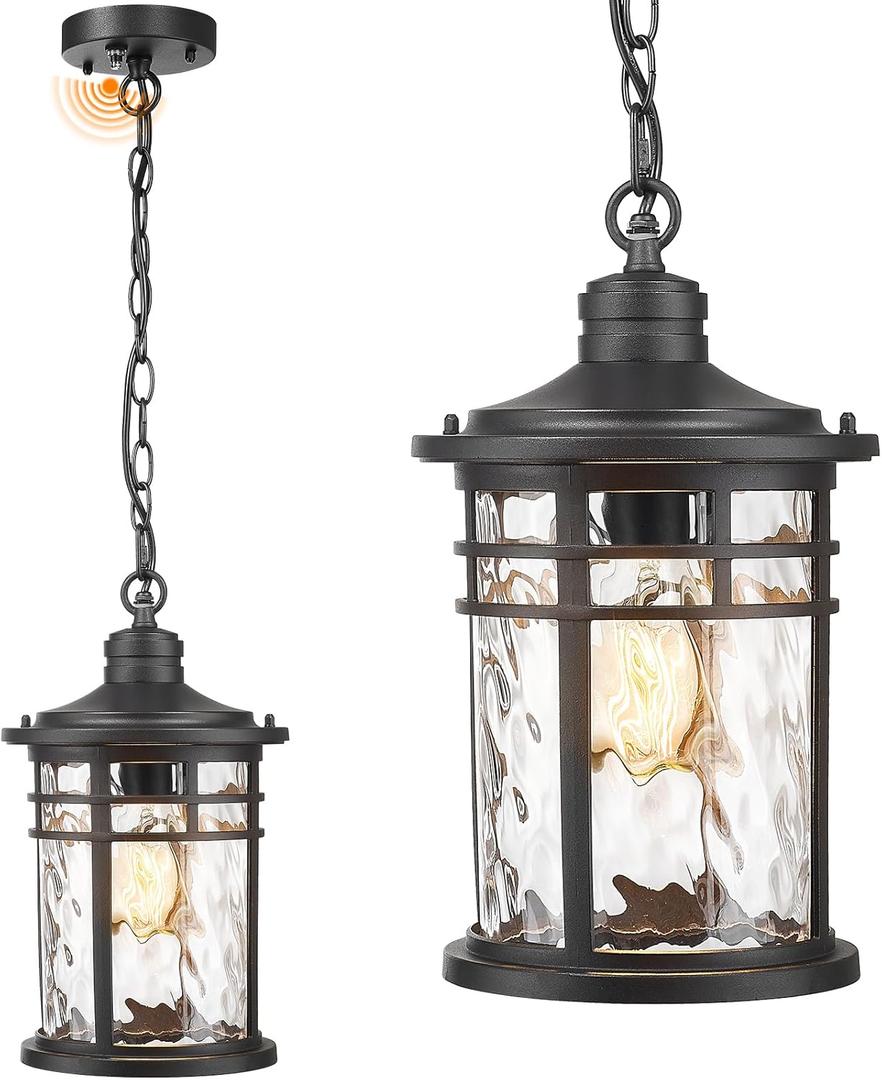 Large Hanging Porch Light 12.4 Inch Dusk to Dawn Outdoor Pendant Light with Water Ripple Glass Waterproof Outdoor Hanging Lantern Light with Adjustable Chain E26 Socket (Black)