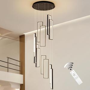 Black Modern Staircase Chandeliers for High Ceilings, 138" Max Height Adjustable, Dimmable LED with Remote, Spiral Chandeliers for 2-Story Foyer, Grand Entryway, Double-Height Living Room