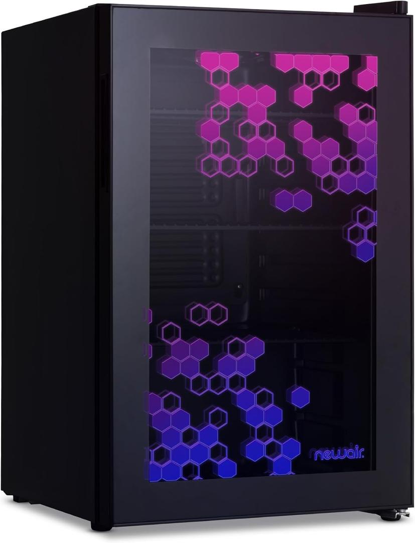 NewAir Beverage Fridge 85 Cans, LED Color Changing Door, Prismatic Series Beverage Refrigerator with RGB HexaColor LED Lights, Mini Fridge for Gaming, Game Room, Party Festive Holiday Fridge (Black)
