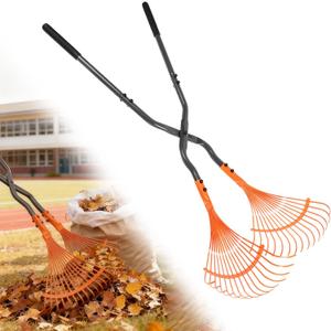 Leaf Grabber Rake with Long Handle, Black and Orange, Heavy-Duty Garden Lawn Cleanup Tool