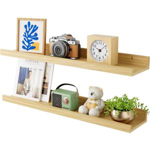 24 Inch Bamboo Floating Shelves - Picture Ledge Shelf with Lip Set of 2, Hanging Bamboo Wall Shelf for Storage, Natural Wood Floating Shelves for Living Room, Bedroom, Kitchen