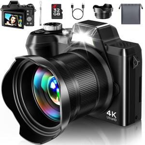 4K Digital Camera for Photography Travel, 56MP Autofocus Vlogging Camera for YouTube, 16X Zoom with 3" 180°Flip Screen & Lens Hood, 32GB Card, Gift Ideas for Teens & Beginners