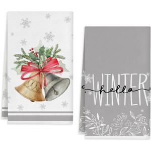 2PCs Kitchen Towels for Merry Christmas Party Decorations, Grey Christmas Dish Towels Seasonal Winter Xmas Supplies for Home Drying Dishcloth Hand Towels 18x26 Inch