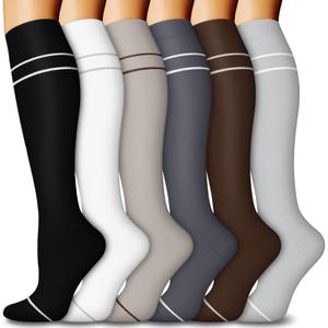 6 Pairs Compression Socks for Women & Men 15-20mmHg Graduated Support Knee High Socks for Nurses, Travel, Athletic (Large-X-Large, 13 - Black/Dark Grey/Brown/Light Grey/Beige/White)