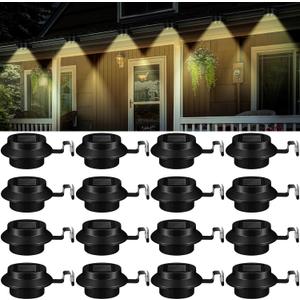 16 Pcs Solar Powered LED Gutter Lights 3 LED Deck Gutter Solar Lights Outdoor Waterproof LED Garden Yard Wall Lamp with Bracket for Fence Wall Stair Step Pathway, White Light and Warm Light (Black)