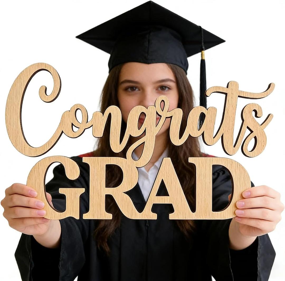 "Congrats Grad" Sign for Backdrop, Wooden Congrats Graduation Sign Class of 2026 Grad Party Sign Photo Prop Graduation Party Decor, Cutout Ornament for Backdrop Decoration, DIY Color