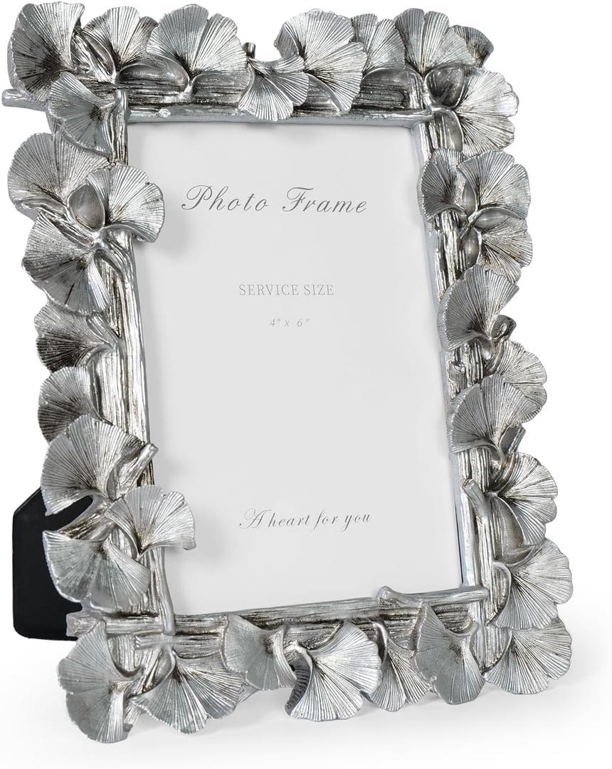 Cuspin 4x6 Silver Picture Frame, Vintage Silver Ornate Leaf Textured Hand-Crafted Resin with Glass Front Antique Photo Frame for Tabletop Display, Retro Design Home Decor