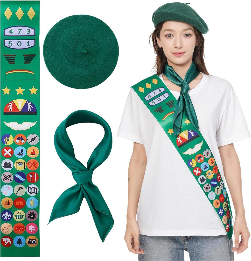 3 Pcs Scout Costume Set for Women and Girls Cosplay Uniform with Square Neck Scarf Satin Sash French Beret Hat