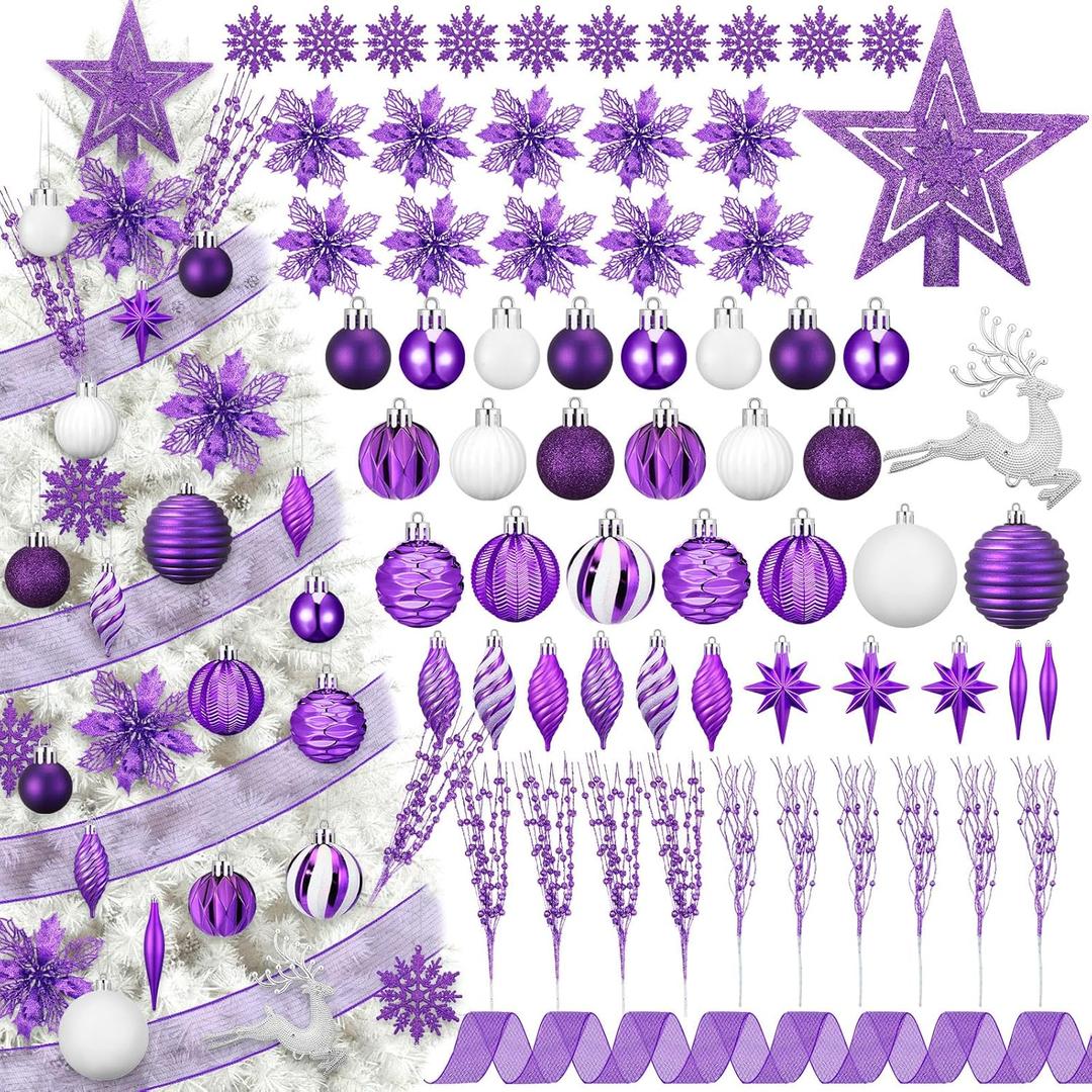 118 Pcs Christmas Tree Ornaments Set Including Ornaments Balls, Hanging Snowflakes Icicle, Mesh Ribbon, Tree Top Star, Flower, Berries Stems for Xmas Trees Holiday Decor (Purple)