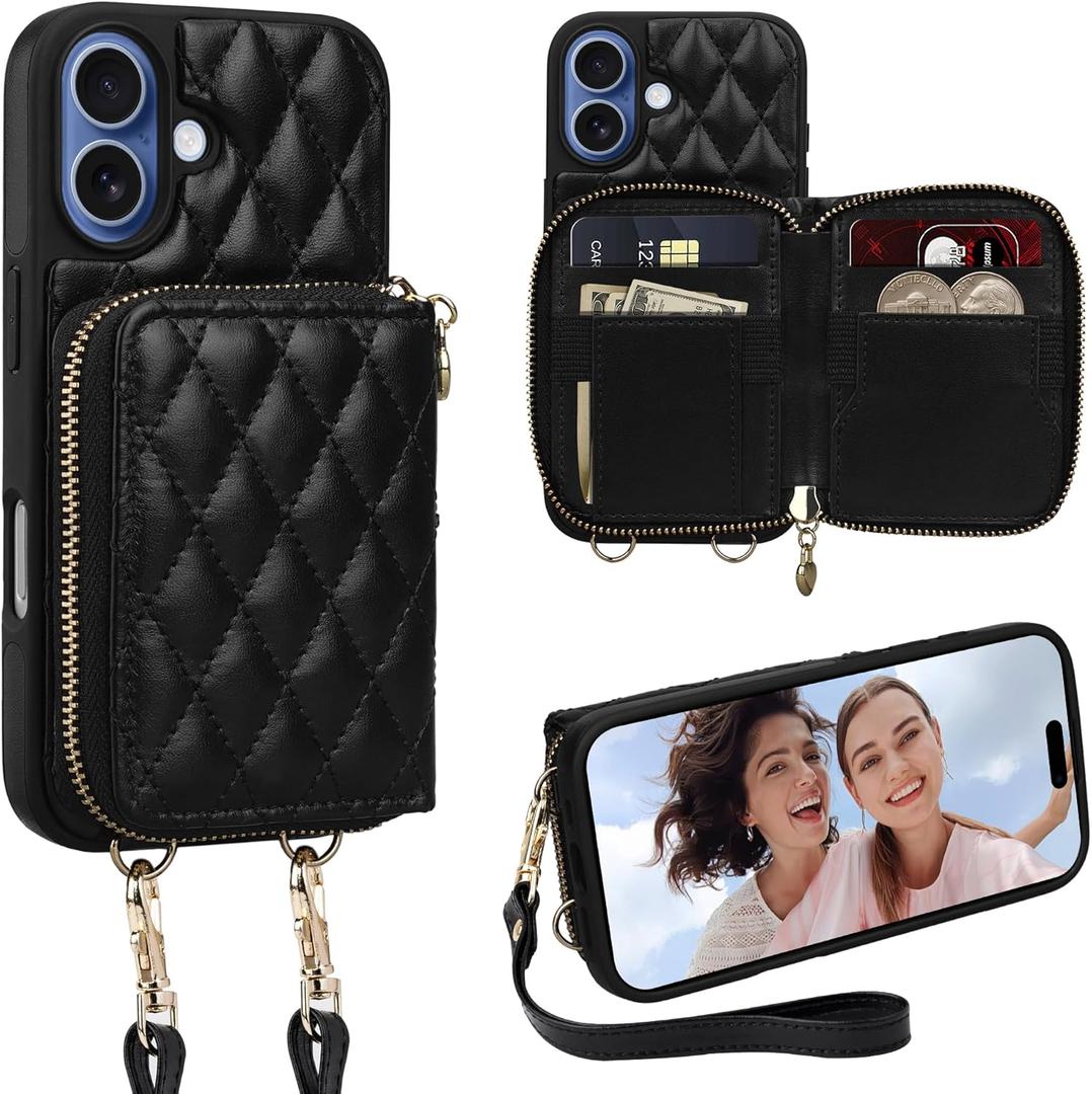 Keallce Case for iPhone 17 6.3'' Wallet Case, Crossbody Zipper Purse with Wrist Strap Lanyard Handbag, RFID Blocking Card Holders, Kickstand Flip Leather Cover for iPhone 17, Black