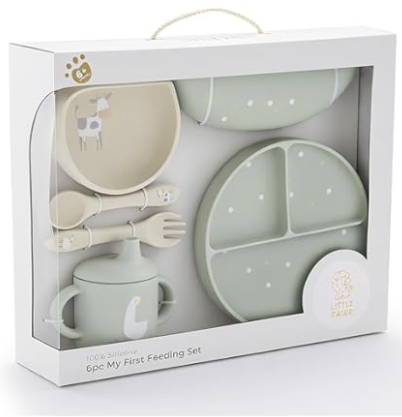 Little Rawr Baby Led Weaning Bundle, 100% Silicone Baby Feeding Set Includes Divided Plate, Suction Bowl, Straw Cup, Bib, Spoon & Fork, Develops Self Feeding Skills, Dishwasher Safe (Green)