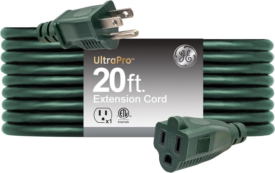 GE Outdoor Extension Cord, Long Heavy Duty Power Cord, 13 Amp 20 Ft 16AWG 3 Prong Extension Cord Outdoor, ETL Listed, Green, 81599