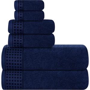 GLAMBURG 100% Cotton Ultra Soft 6 Pack Towel Set, Contains 2 Bath Towels 28x55 Inches, 2 Hand Towels 16x24 Inches & 2 Wash Coths 12x12 Inches, Compact Absorbent Lightweight & Quickdry - Navy Blue