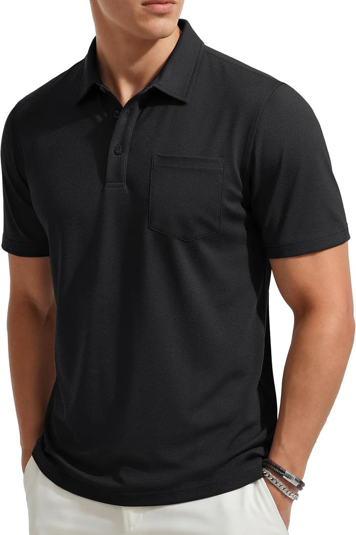 TACVASEN Men's Polo Shirts Short Sleeve with Pocket Cotton Pique T-Shirts 3 Buttons Casual Polo Moisture Wicking Golf Shirts (Black, S)