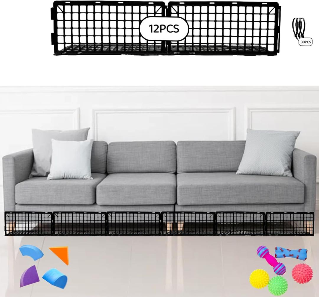 12Pcs Under Couch Blockers for Pets, Adjustable Plastic Under Bed Blockers, Furniture Barriers for Toys Dogs Cats (Black)