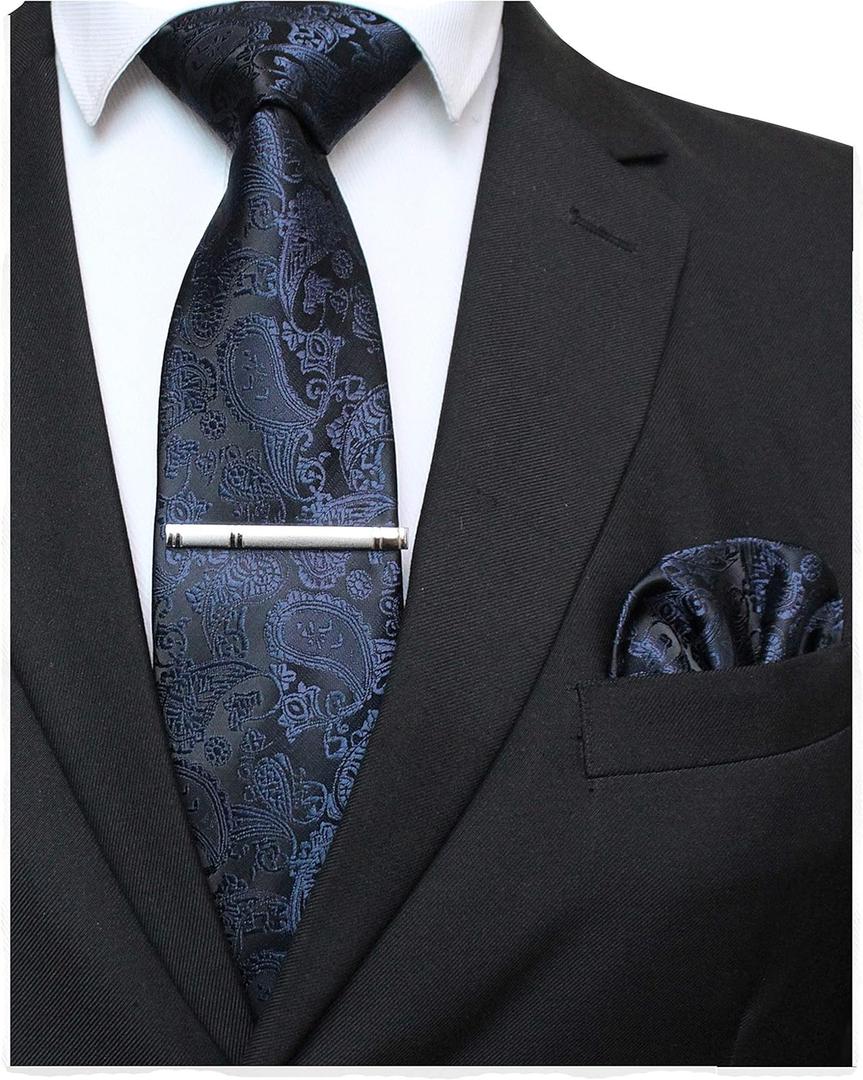 JEMYGINS Mens Solid Color Paisley Necktie and Pocket Square with Tie Clip Sets