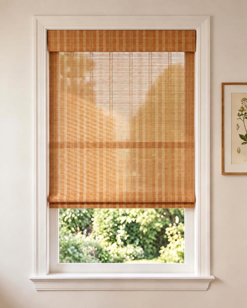 Cordless Bamboo Roman Shade, Light Filtering Blinds 23x48, Warm Brown
