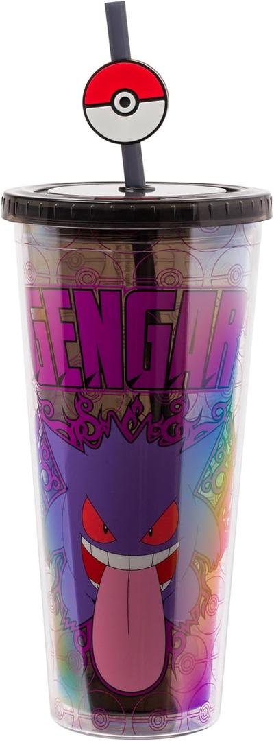 Silver Buffalo Pokemon Plastic Cold Cup with Lid and Straw Topper Featuring Genger, 24 Ounces